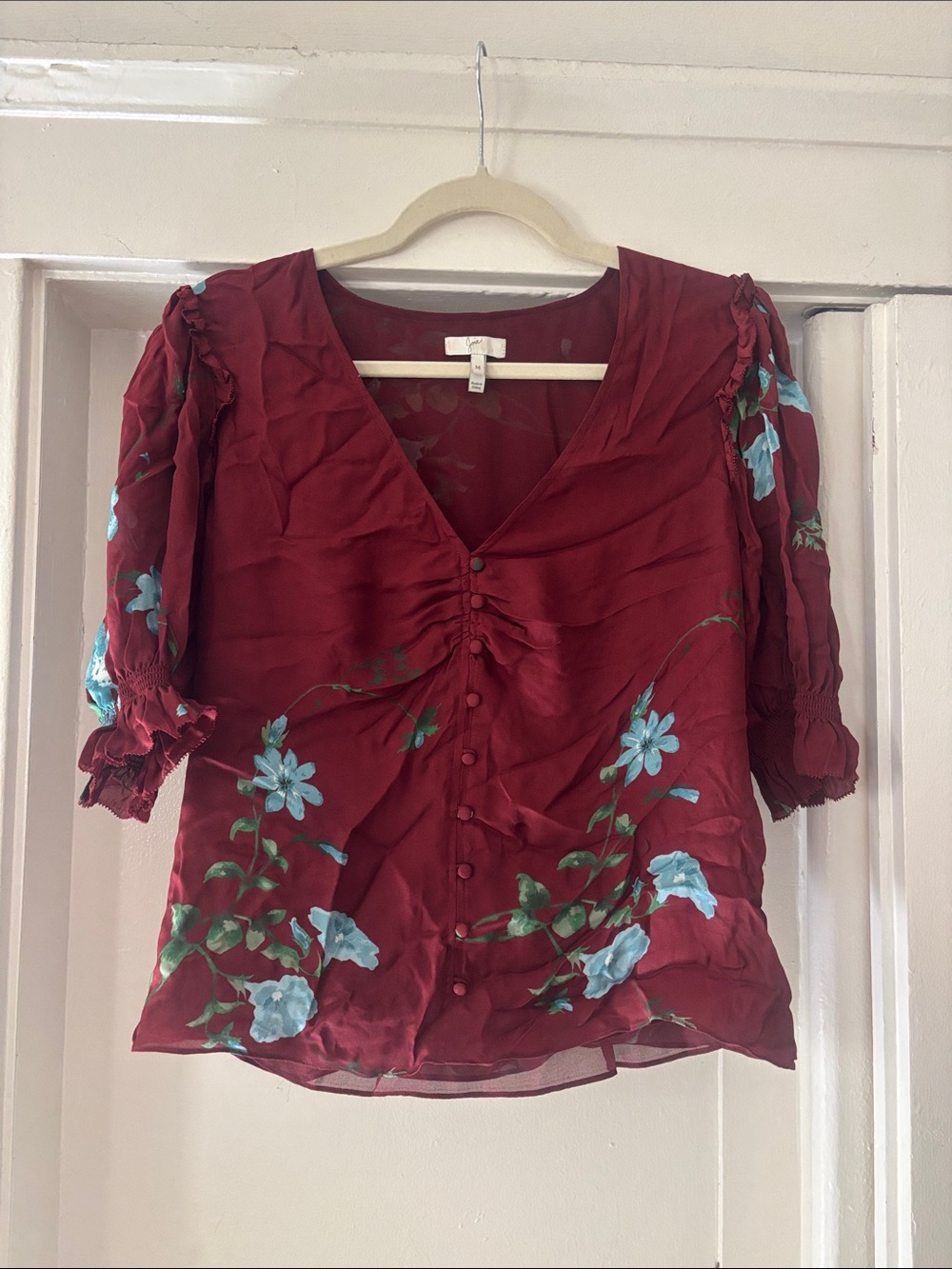 Joie Burgundy Floral V-Neck Button-Up Blouse with Blue Flowers